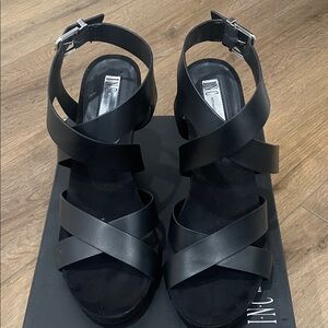 New INC International Concepts Black Strappy Heels. Size 10.